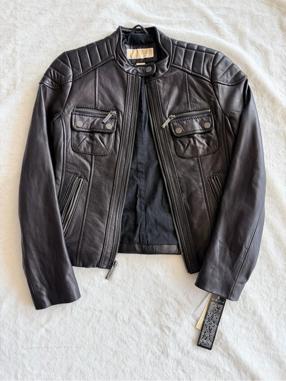 NWT Michael Kors Leather Moto Jacket Black Size Small Quilted Shoulder Buckle